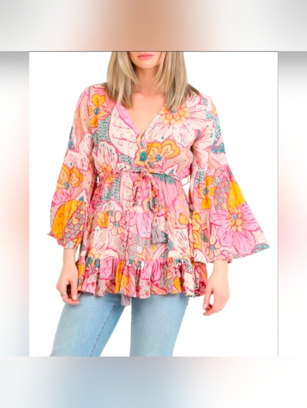 Assorted Sizes: Angie Women's V-neck Bohemian Bell Sleeve Ruffled Tunic Top-NWT